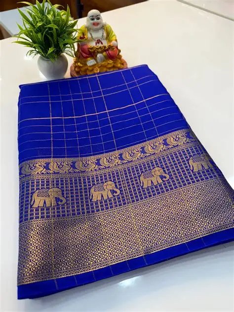 Mysore Crepe Silk Saree with Checks Pattern And Elephant Border