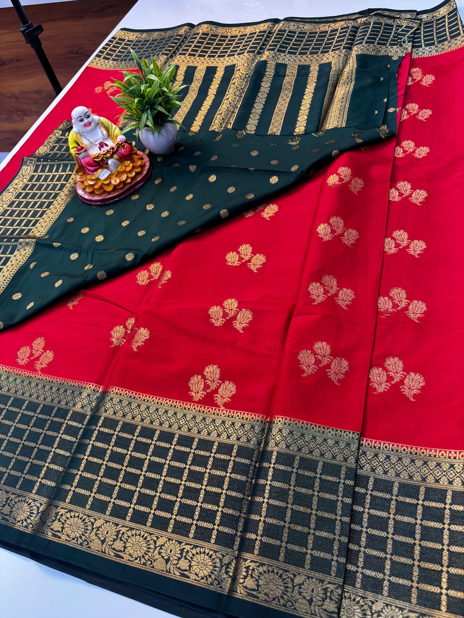 Premium Mysore Crepe Silk Saree with Checks And Butta Blouse